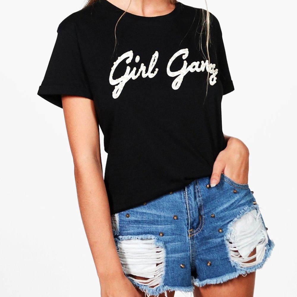 Slogan Pearl Trim Tee